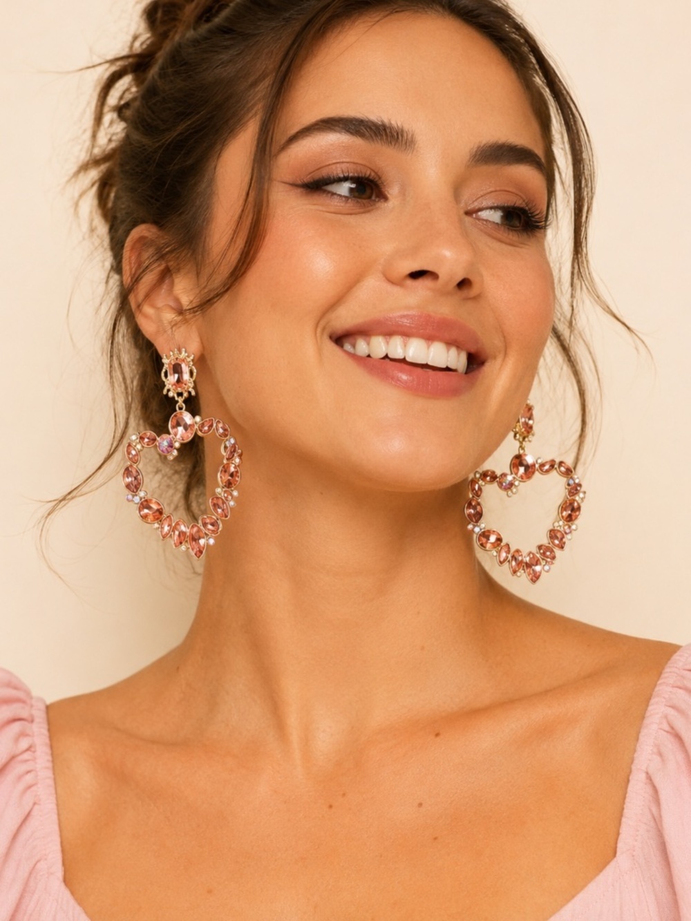 Peach Crystal Heart Statement Earrings – Gold-Tone Drop Design